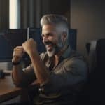 Investidor sorrindo e fazendo trade no computador Livecoins / Midjourney