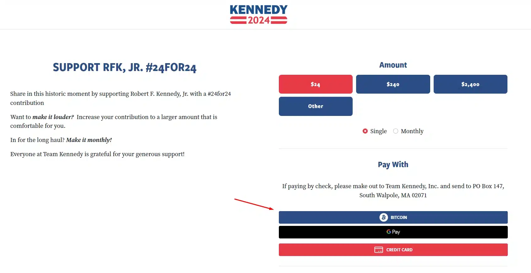 Kennedy Bitcoin donation page