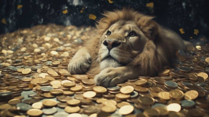 Leão e Moedas. Livecoins / Midjourney