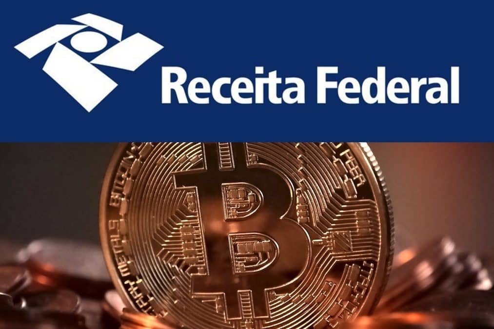 Símbolo da Receita Federal do Brasil sobre um Bitcoin e criptomoedas criptoativos blockchain