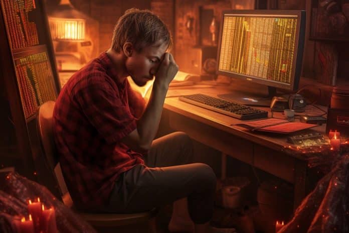 Trader triste com resultados ruins do mercado de criptomoedas