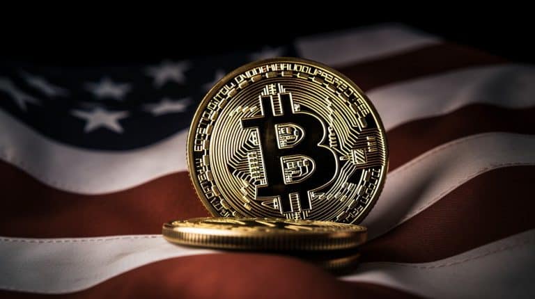 Bandeira dos EUA e moeda de Bitcoin. Midjourney.