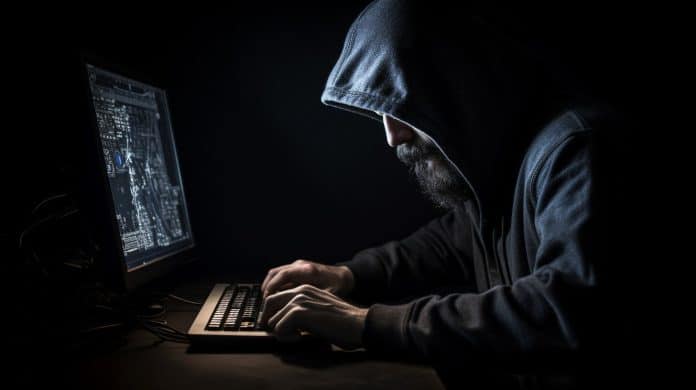 Hacker trabalhando em seu computador. Midjourney.