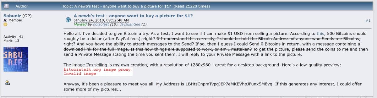 Usuário oferece foto digital em troca de 500 bitcoins em 2010. Fonte: Bitcointalk.