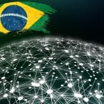 Bandeira do Brasil próximo de rede blockchain