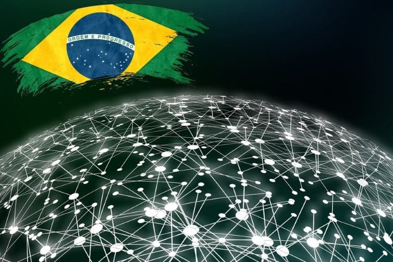 Bandeira do Brasil próximo de rede blockchain
