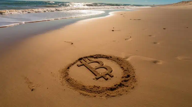 Bitcoin escrito na Praia. Livecoins / MidJourney