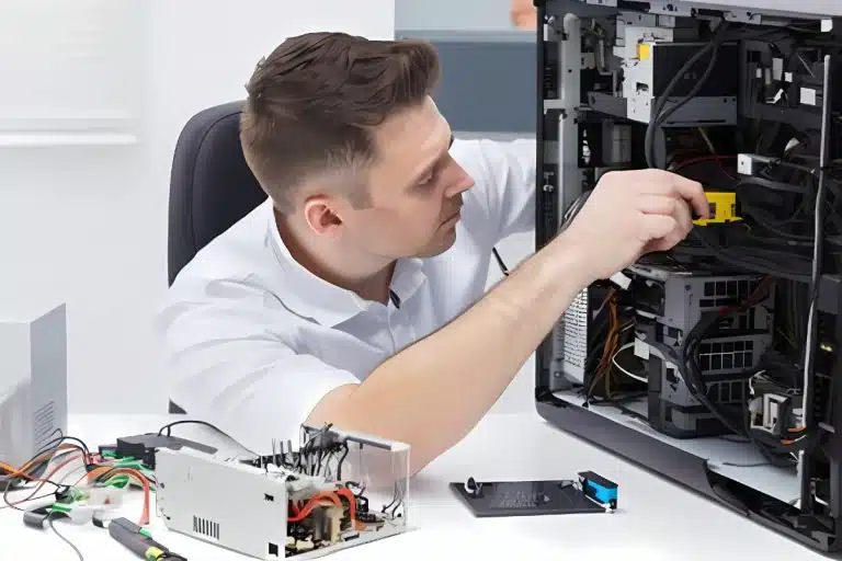 Homem instalando periférico em computador
