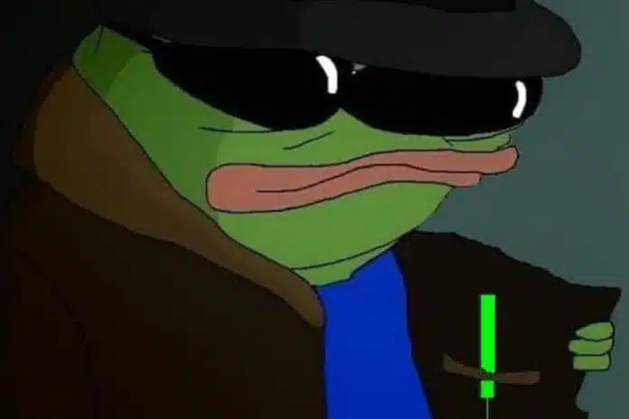 Meme Pepe com vestuário mostrando vela verde de gráfico de preços em alta