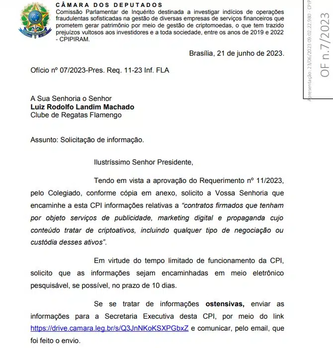 Ofício enviado ao Presidente do Clube de Regatas Flamengo pela CPI das Pirâmides Financeiras de Criptomoedas