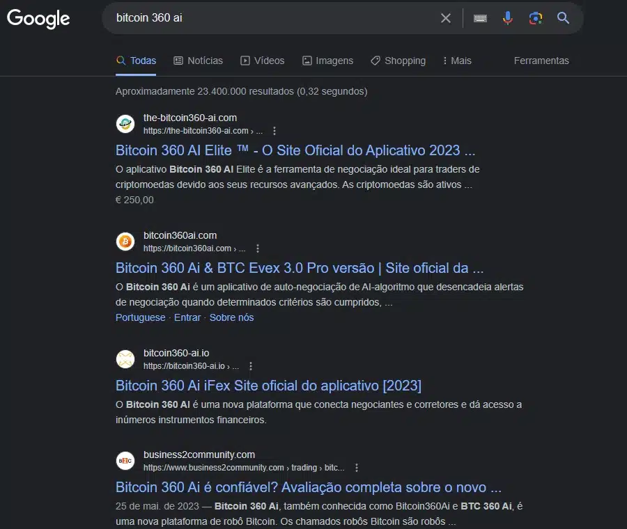 Pesquisa no Google Brasil sobre Bitcoin 360 AI mostra páginas ofertando possível golpe sem autorização de funcionamento