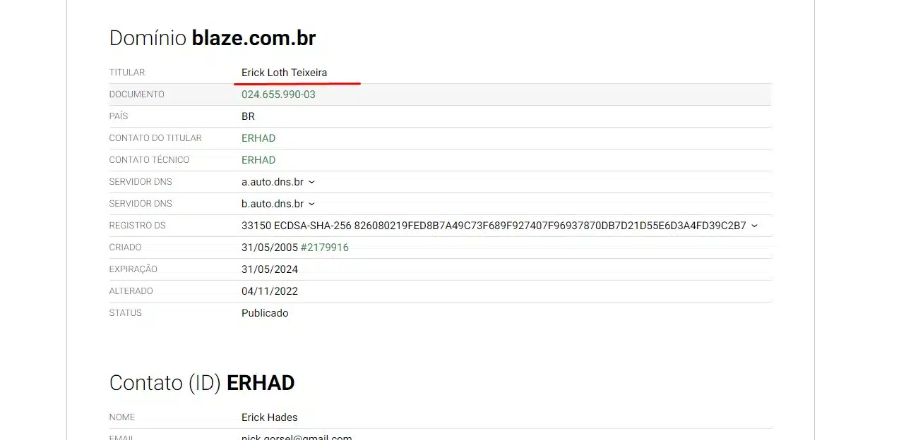 Site da Blaze no Brasil registrado em nome de brasileiro Erick Loth Teixeira