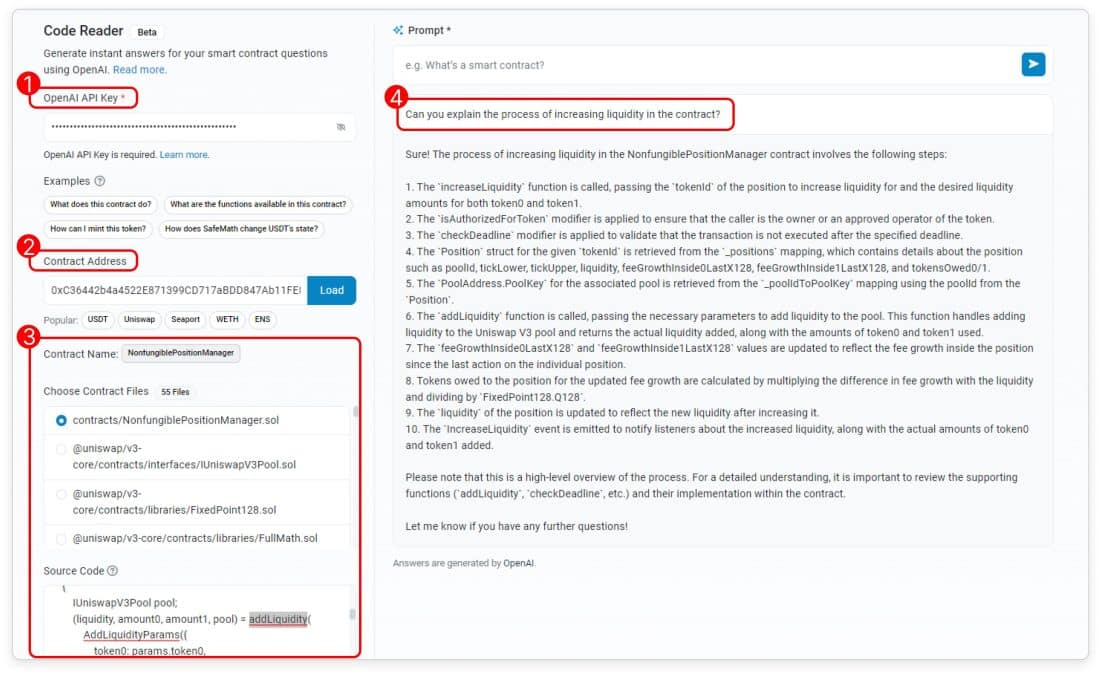 Integração do ChatGPT no Etherscan, famoso explorador de blocos de Ethereum. Fonte: Reprodução.