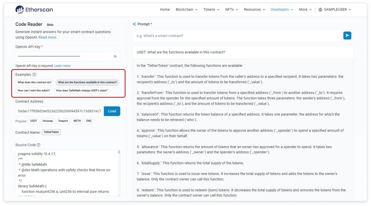 Etherscan testa novo recurso de inteligência artificial em seu site. Fonte: Reprodução.