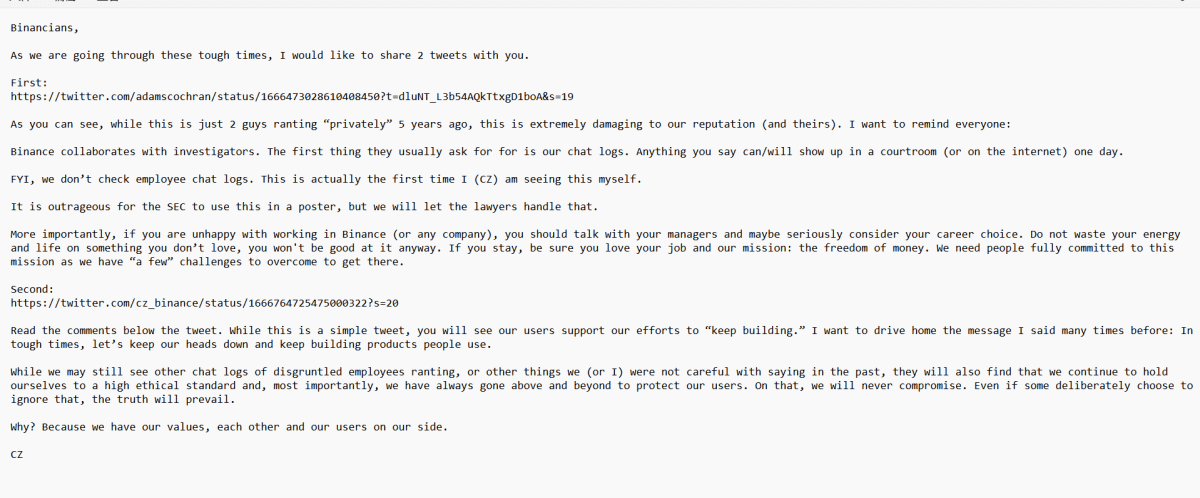 E-mail enviado por Changpeng Zhao, CEO da Binance, a seus funcionários. Fonte: Colin Wu/Reprodução.