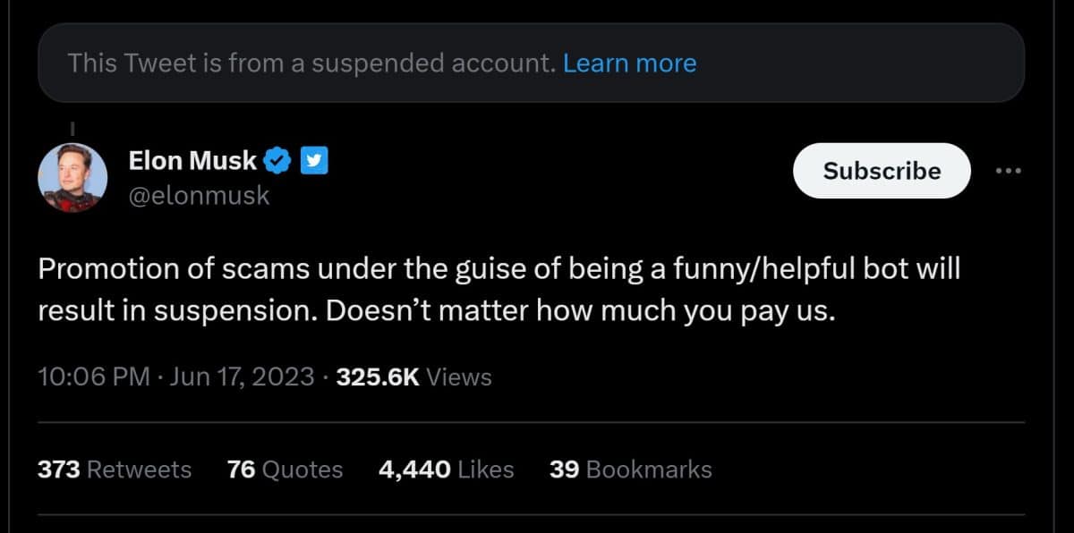 Elon Musk acusa novamente o perfil Bob de golpe.
