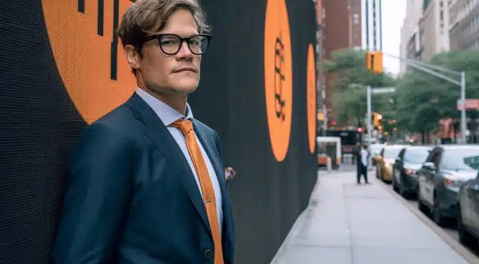 Investidor de Wall Street usando gravata laranja, cor do Bitcoin. Midjourney.