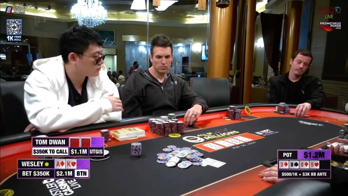 Tom “durrrr” Dwan e Wesley Fei, disputando a maior mão de poker já televisionada. Fonte: Hustler Casino Live.