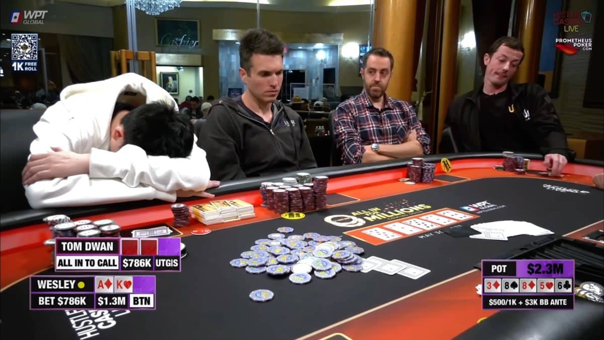 Tom “durrrr” Dwan e Wesley Fei, disputando a maior mão de poker já televisionada. Fonte: Hustler Casino Live.
