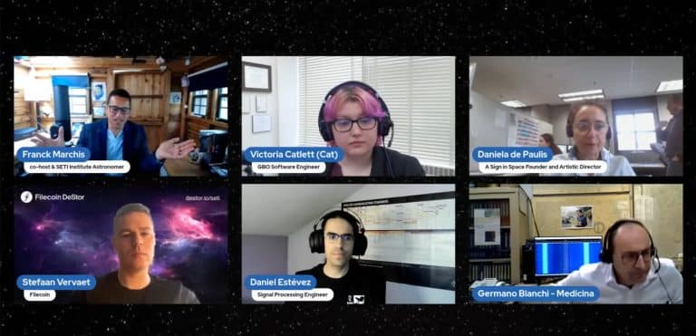 Equipes da SETI e Filecoin conversando sobre mensagens de alienígenas de marte gravadas na blockchain.