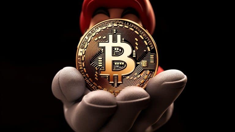 Super Mario segurando criptomoeda Bitcoin. Midjourney.