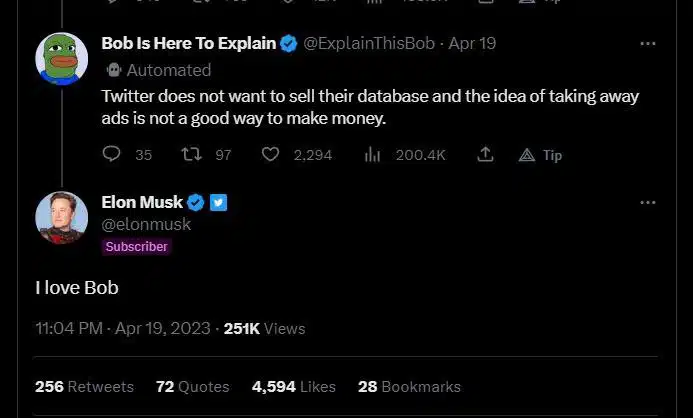 Elon Musk interagindo com bot Bob em abril.