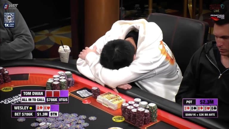 Wesley Fei, magnata das criptomoedas, perdendo o maior pote televisionado da história do poker. Fonte: Hustler Casino Live.