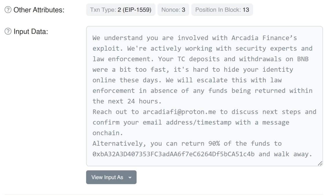 Mensagem enviada ao hacker da Arcadia Finance. Fonte: Etherscan.