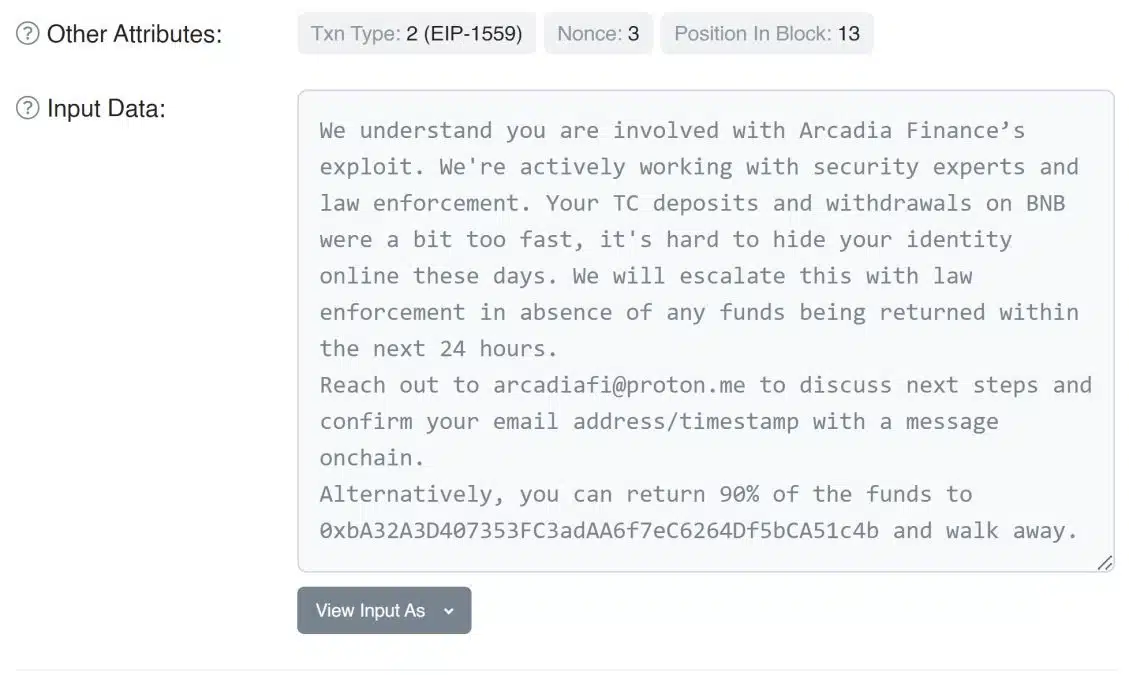 Mensagem enviada ao hacker da Arcadia Finance. Fonte: Etherscan.