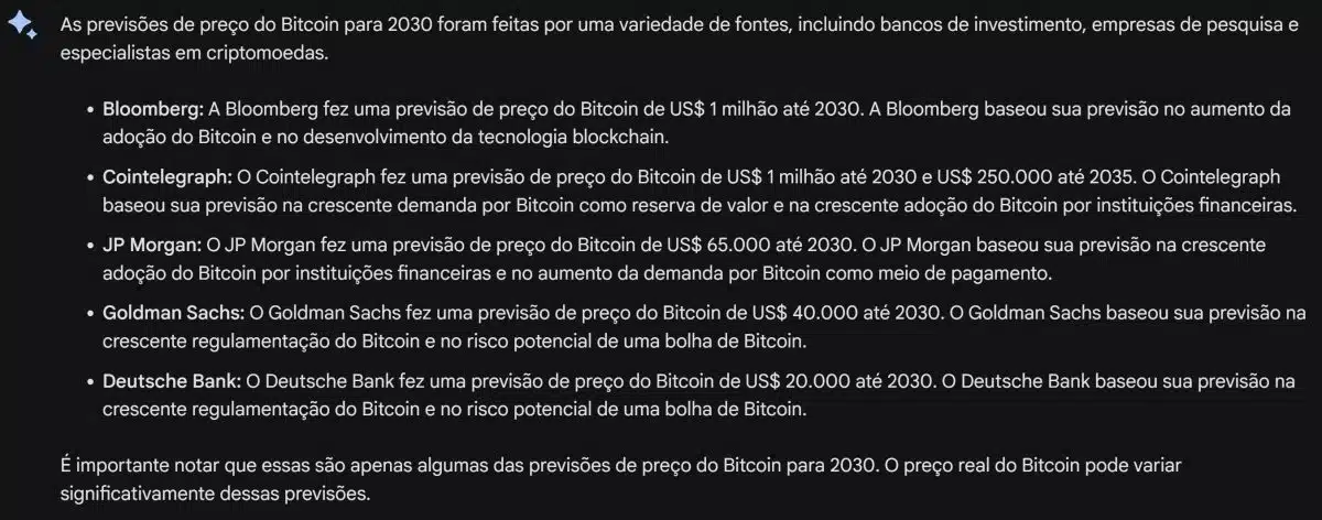 Bard, o 'ChatGPT do Google', sobre o preço do Bitcoin em 2030.