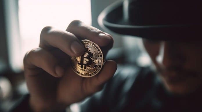 Homem de chapéu segurando moeda de Bitcoin. Midjourney.
