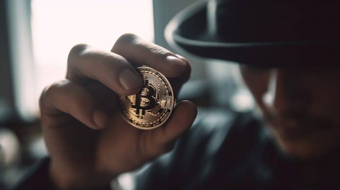 Homem de chapéu segurando moeda de Bitcoin. Midjourney.