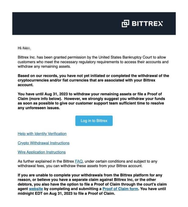 E-mail da Bittrex pedindo que clientes solicitem o saque de suas criptomoedas. Fonte: Protos.