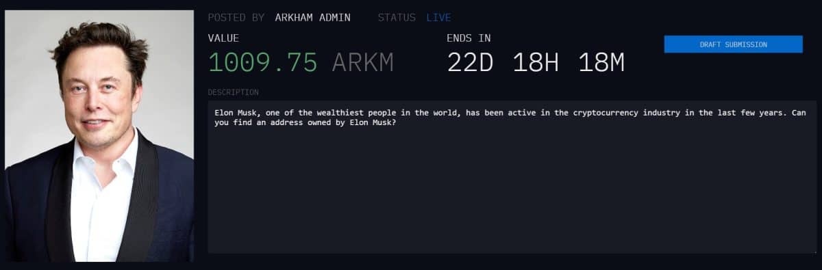 Arkham está dando R$ 2.500 para quem descobrir uma carteira de criptomoedas que pertença ao bilionário Elon Musk. Fonte: Arkham Intelligence/Reprodução.