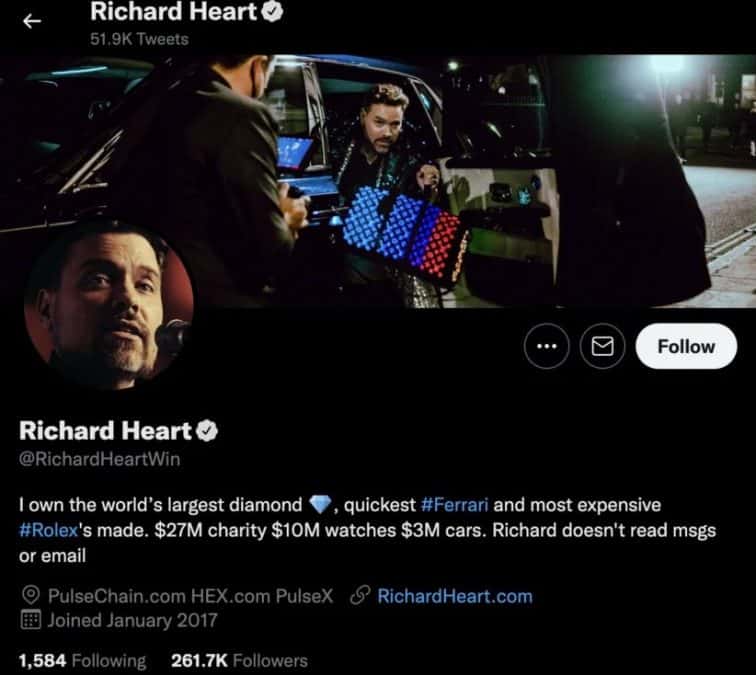 Perfil de Richard Heart no Twitter, antes da SEC iniciar uma limpeza no setor de criptomoedas. Fonte: Reprodução.