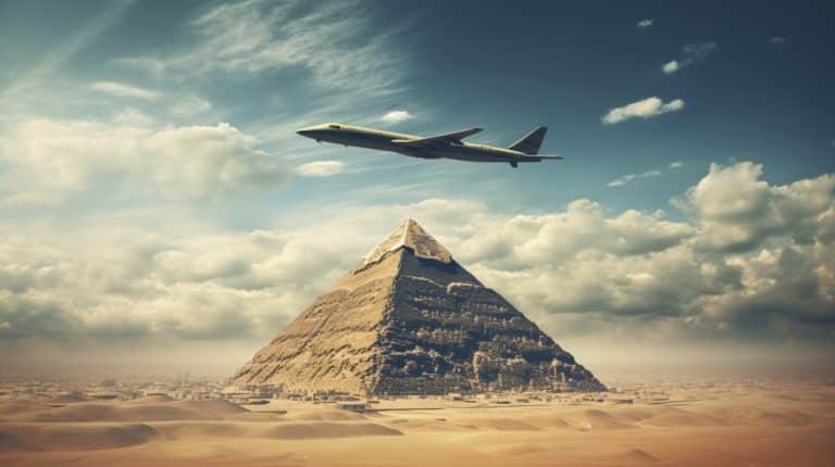 Avião passando por cima de piramide Livecoins AI MidJournal