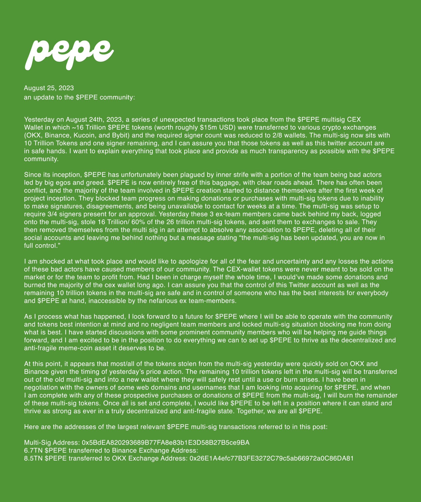Carta aberta da comunidade Pepe para os investidores