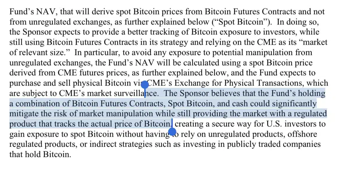 Trecho do pedido de ETF de Bitcoin à vista da Hashdex, destacando a estratégia da gestora brasileira.