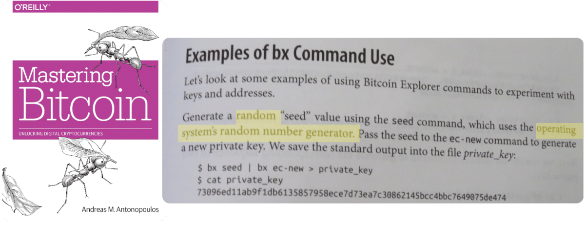 Mastering Bitcoin, famoso livro sobre BTC, ensinando a criar carteira usando método que contém grave vulnerabilidade de segurança. Fonte: Reprodução.