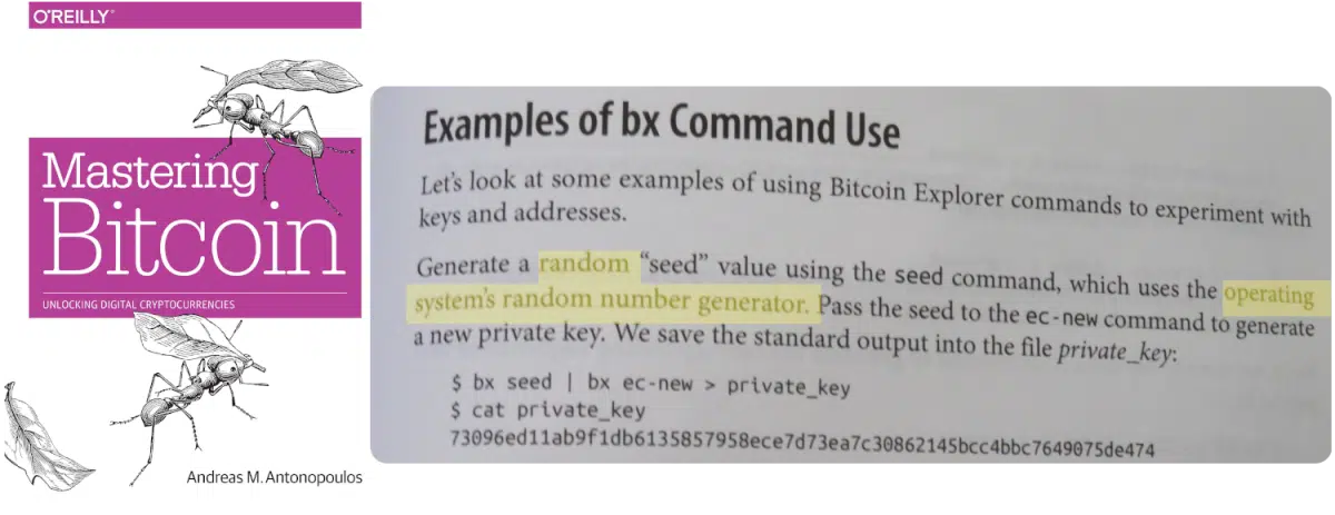 Mastering Bitcoin, famoso livro sobre BTC, ensinando a criar carteira usando método que contém grave vulnerabilidade de segurança. Fonte: Reprodução.