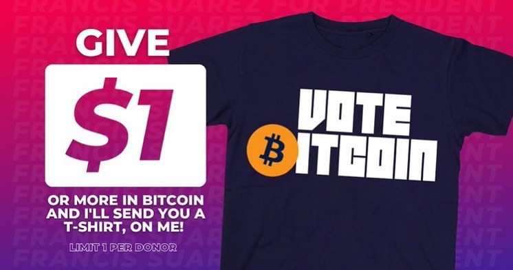 Camiseta “Vote Bitcoin”, prometida pelo candidato Francis Suarez a seus apoiadores. Fonte: Instagram/Reprodução.
