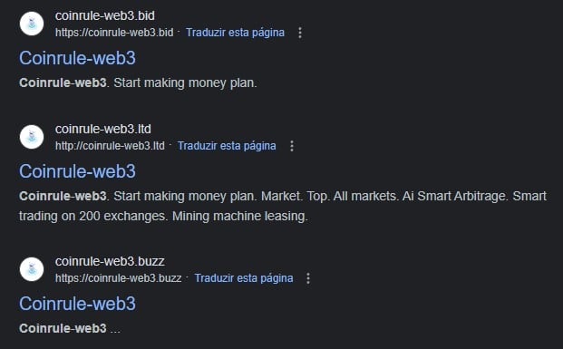 Resultados de busca por “Coinrule-web3”, falsa empresa que americano acreditava estar usando para investir em criptomoedas.
