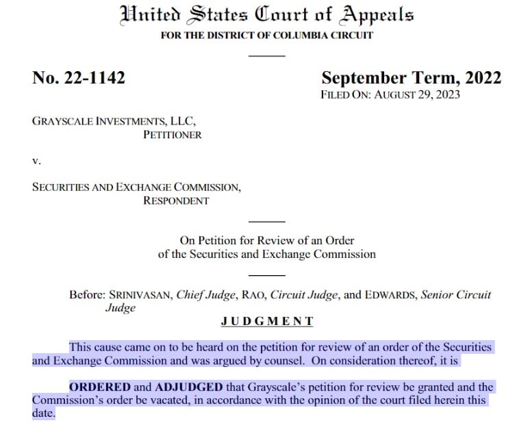 Decisão da corte sobre processo da Grayscale contra a SEC. Fonte: Reprodução.