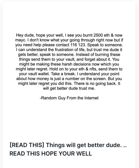 NFT sent to Nothingness's address, with words of support.  Source: OpenSea/Reproduction.