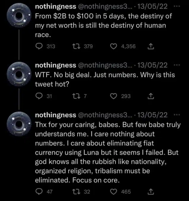 Tuítes de Nothingness em maio de 2022, data do crash da criptomoeda Terra (LUNA). Fonte: CryptoBullAI/Reprodução.