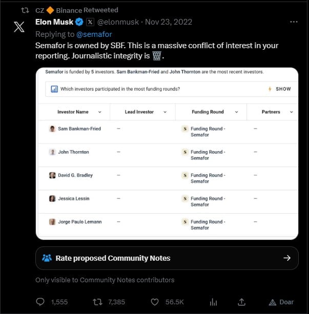 Antigo tuíte de Elon Musk sobre o Semafor, compartilhado por Changpeng Zhao nesta quarta-feira (2).