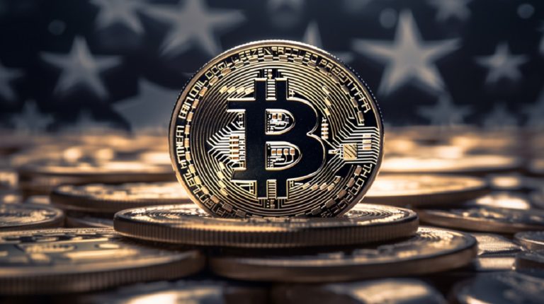 Bitcoin e bandeira dos EUA (Imagem: Livecoins/Midjournal)