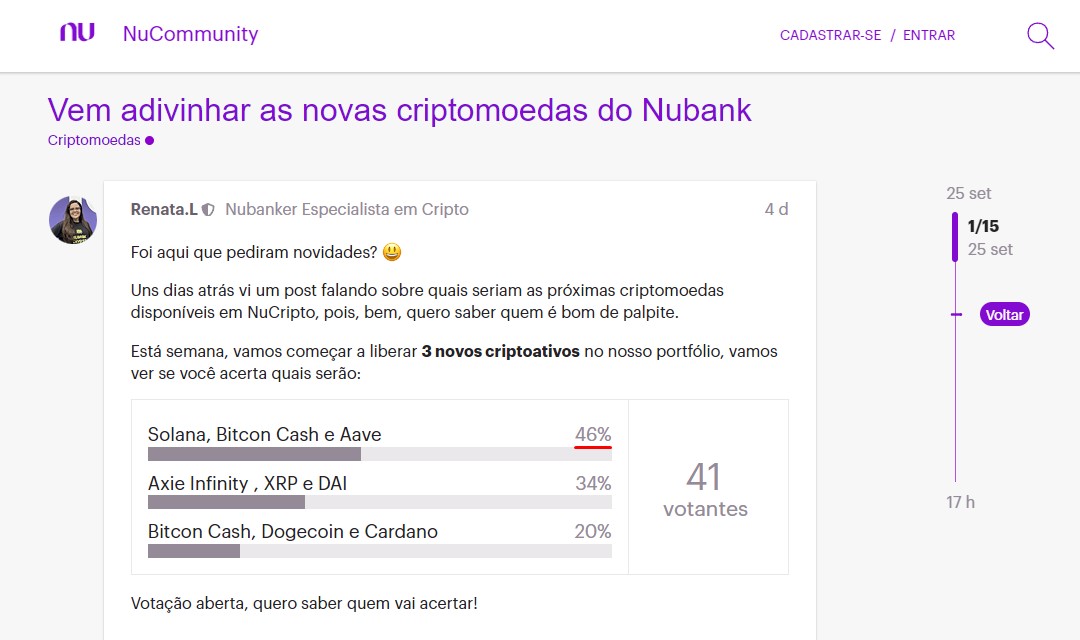 Comunidade votou para listagem do Bitcoin Cash, Solana e Aave no Nubank, um dia antes de anúncio
