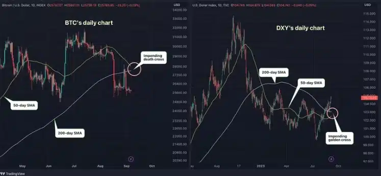 Gráficos diários de BTC e DXY TradingView/CoinDesk