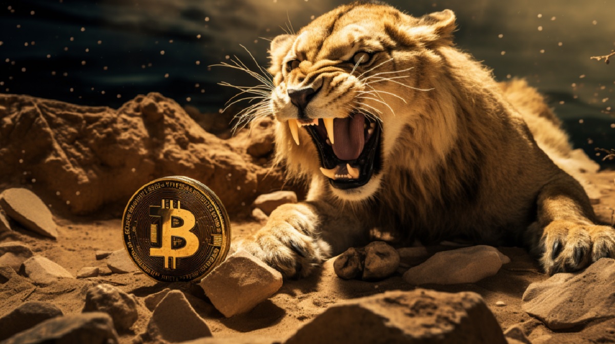 Leão vs Bitcoin. (Imagem AI. Midjourney/Livecoins)